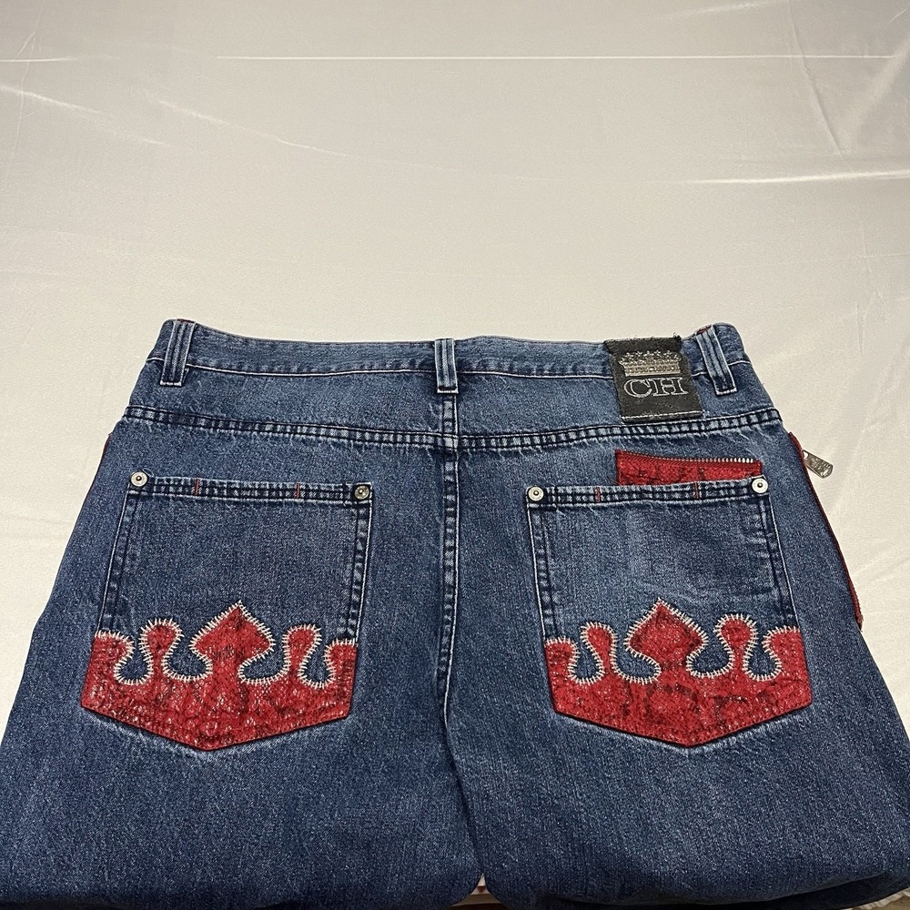 Crown Holder Jeans Mens 38x32 Blue Embroidered Denim Baggy Hip Hop Y2K - Picture 3 of 8